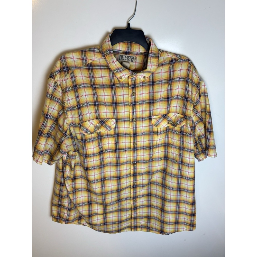 Duluth Trading Co Breezeshooter Mens 2XLT Short Sleeve Yellow Plaid Button Down
